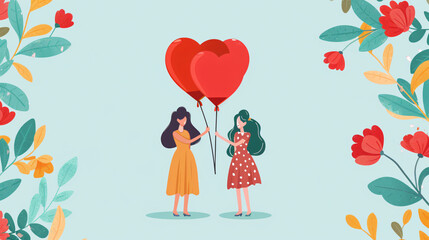 Two women holding heart-shaped balloons with floral background