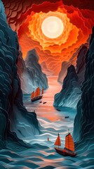 Ha Long Bay Vietnam Boats Mountains at Sunrise Sunset Paper Cut Phone Wallpaper Background Illustration