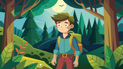 young man adventures in the beautiful forest, vector illustration