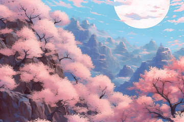 Canvas Print - Pink Cherry Blossoms Mountain Illustration