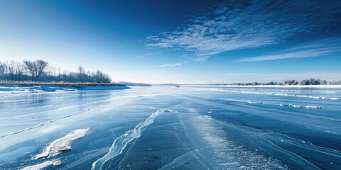 The Dramatic winter landscape with blue ice and visible cracks on a frozen lake under a clear sky