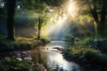 Wall Mural - River sunlight wilderness landscape.