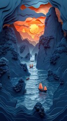 Ha Long Bay Vietnam Boats Mountains at Sunrise Sunset Paper Cut Phone Wallpaper Background Illustration