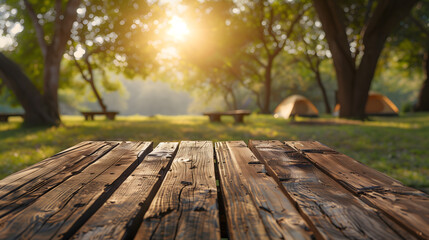 Wooden table top on blur tent camping travel tent and grass field.Fresh and Relax concept.For montage product display or design key visual layout.View of copy space.