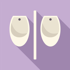 Poster - Two white urinals are hanging on a purple wall in a public restroom, separated by a partition