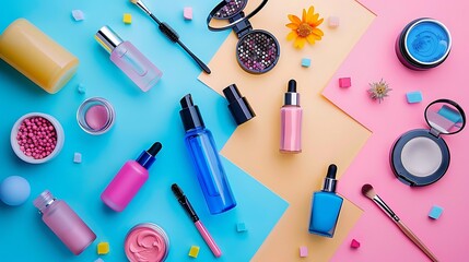 Wall Mural - Colorful Cosmetic Products and Makeup Brushes on Blue, Orange and Pink Background Flat Lay Illustration