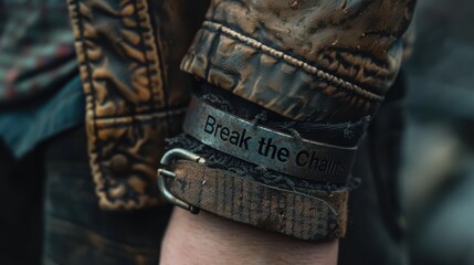 A person wearing a leather jacket and a bracelet that says 