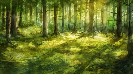  Serene Sunlit Forest Clearing with Dappled Light on Mossy Ground in Watercolor Style