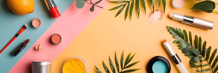 Wall Mural - Colorful Flat Lay with Makeup Products, Lemon, and Green Leaves - Illustration