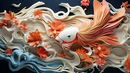 Poster - Paper Art Koi Fish in Waves Illustration