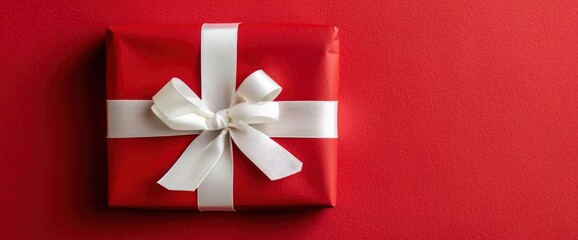 Gift wrapped in red paper with a white ribbon, classic and elegant