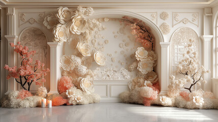 Vintage arched door wall scene, Roman columns decorated with flower arch, wedding backdrop