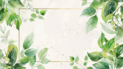 Wall Mural - Elegant white background with golden frame and green leaves