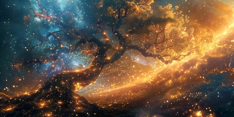 Wall Mural - A tree with glowing leaves and branches is surrounded by a bright orange sky. The scene is filled with a sense of wonder and magic, as if the tree is glowing with a life of its own