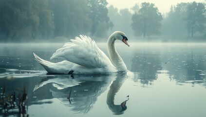 Sticker - Solitary Swan in Misty Lake