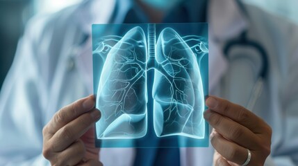 Canvas Print - A doctor holds a blue and white image of a lung