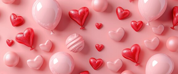 3D rendering of pink balloons and sphere objects, Valentine's decorations full of love