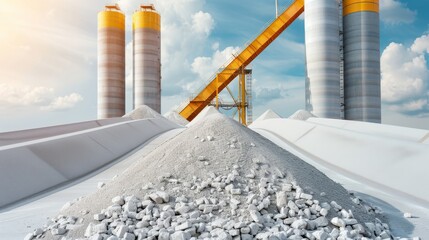 Commercial concrete processing facility, with conveyor belts, mixers, and heavy machinery in action, illustrating industrial efficiency