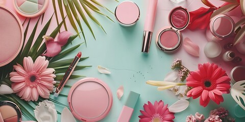 Wall Mural - Pink and Green Floral Makeup Flatlay Illustration