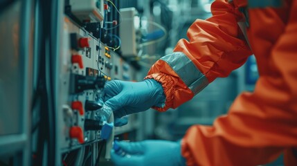 Wall Mural - A person in an orange jumpsuit is working on a machine