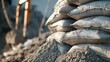 © Paul - Construction site with cement being mixed, showcasing bags of Portland cement powder, aggregate, and mortar, highlighting the process of concrete preparation