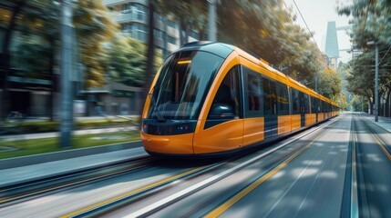 Wall Mural - A train is traveling down a track with a city in the background