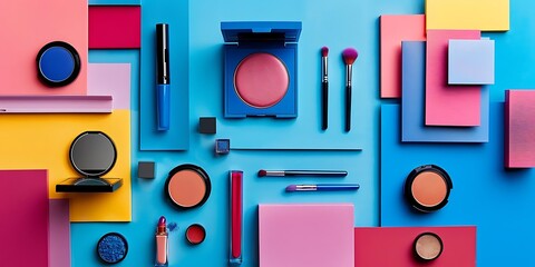 Poster - Colorful Makeup Products and Brushes on Geometric Blue Background Illustration