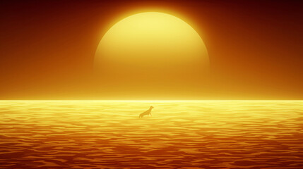 Golden sunset over a calm sea with a silhouette of a person standing on the horizon.