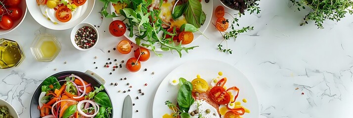 Wall Mural - Delicious Food Photography: A  White Marble Table with Plates of Salad, Tomatoes, and Greens