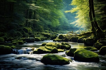 Rocky river forest green landscape.