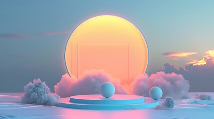 Wall Mural - 3D Circular platform grey pedestal near the ball is decorative with a circle geometric shape and orange cloud sunset backdrop