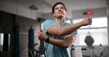 Poster - Happy man, fitness and stretching with arms at gym for workout, exercise or training. Young and active male person in body warm up, preparation or getting ready for wellness at indoor health club