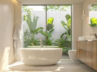 Poster - Modern Bathroom with Tropical Garden View.