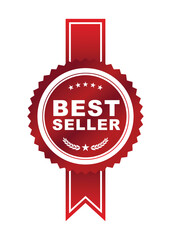 Wall Mural - Best seller sticker label, red badge and Vertical ribbon with laurel wreath and Stars Decoration vector isolated , Premium Quality product, book cover , Premium goods , or your website ready to print