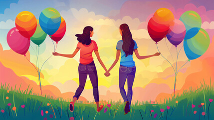 Two women holding hands and walking in a field of flowers, surrounded by colorful balloons.