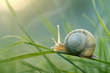 A small snail is on a green leaf