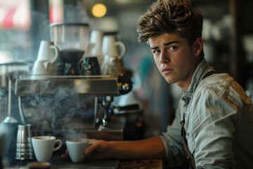 Wall Mural - A man in a white shirt stands behind a counter with a coffee machine