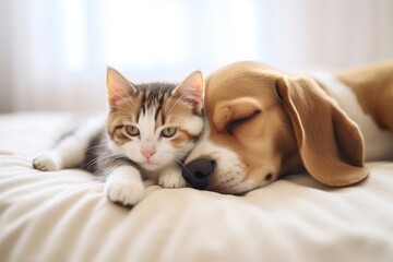 Wall Mural - Beagle and kitten sleep sleeping animal mammal.