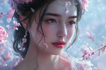 Poster - Beautiful Woman with Pink Flowers Illustration