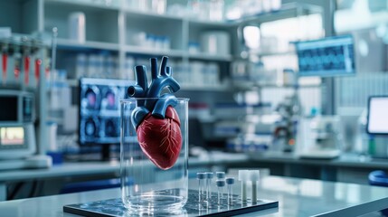 Poster - A heart is in a glass container on a table in a lab