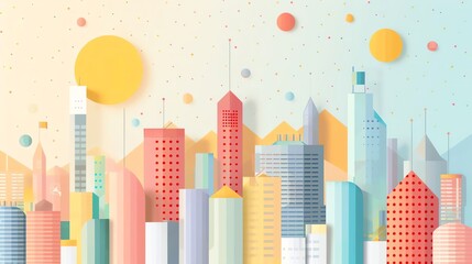 Vibrant abstract cityscape illustration with colorful geometric buildings. Modern urban skyline design with a playful and artistic touch.