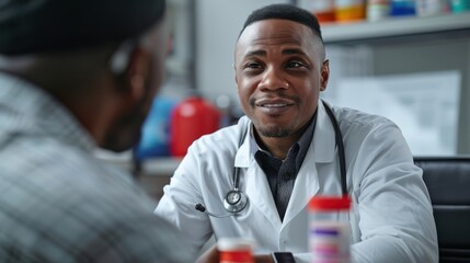 Canvas Print - A man in a white lab coat is talking to a man in a black shirt