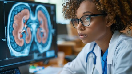 Canvas Print - A woman in a white lab coat is looking at a computer monitor displaying an image