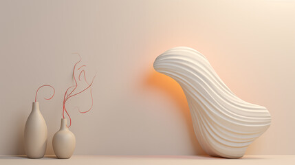 3d abstract interior scene with vase and lamp including sunlight in the minimal style. soft light smooth mood with beige color background.