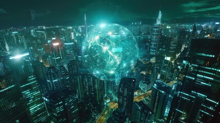 Wall Mural - Cyberpunk Cityscape with Glowing Network Sphere