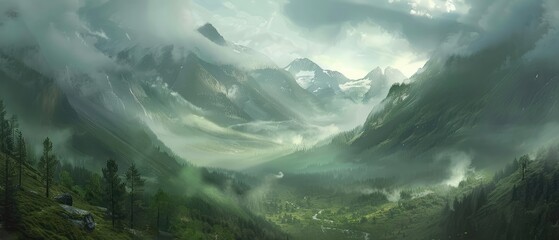 Wall Mural - valley of clouds: a mountain landscape with majestic clouds, a beautiful and awe-inspiring sight