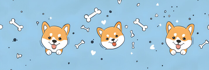 Wall Mural - seamless pattern cute shiba inu and line art drawing of paws and bones, vibrant illustration style for kids