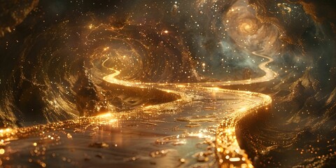 Wall Mural - A long, winding tunnel with a river of gold running through it. The tunnel is filled with stars and the river is illuminated with a golden glow. The scene is surreal and dreamlike