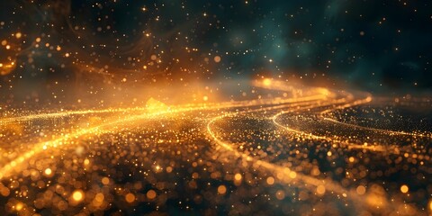 Wall Mural - A long, winding tunnel with a river of gold running through it. The tunnel is filled with stars and the river is illuminated with a golden glow. The scene is surreal and dreamlike