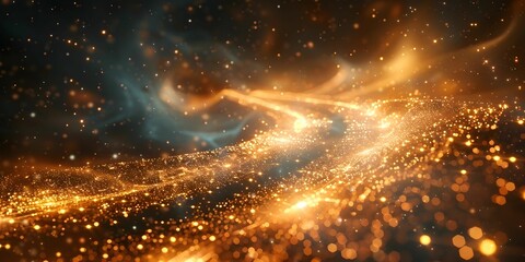 Wall Mural - A long, winding tunnel with a river of gold running through it. The tunnel is filled with stars and the river is illuminated with a golden glow. The scene is surreal and dreamlike